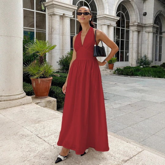 Damen Maxikleid mit tieferem V-Ausschnitt und fließendem Rock EB