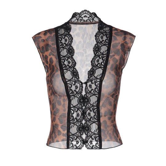 Damen Transparente Spitzenbluse mit Leopardenmuster EB 1778568971