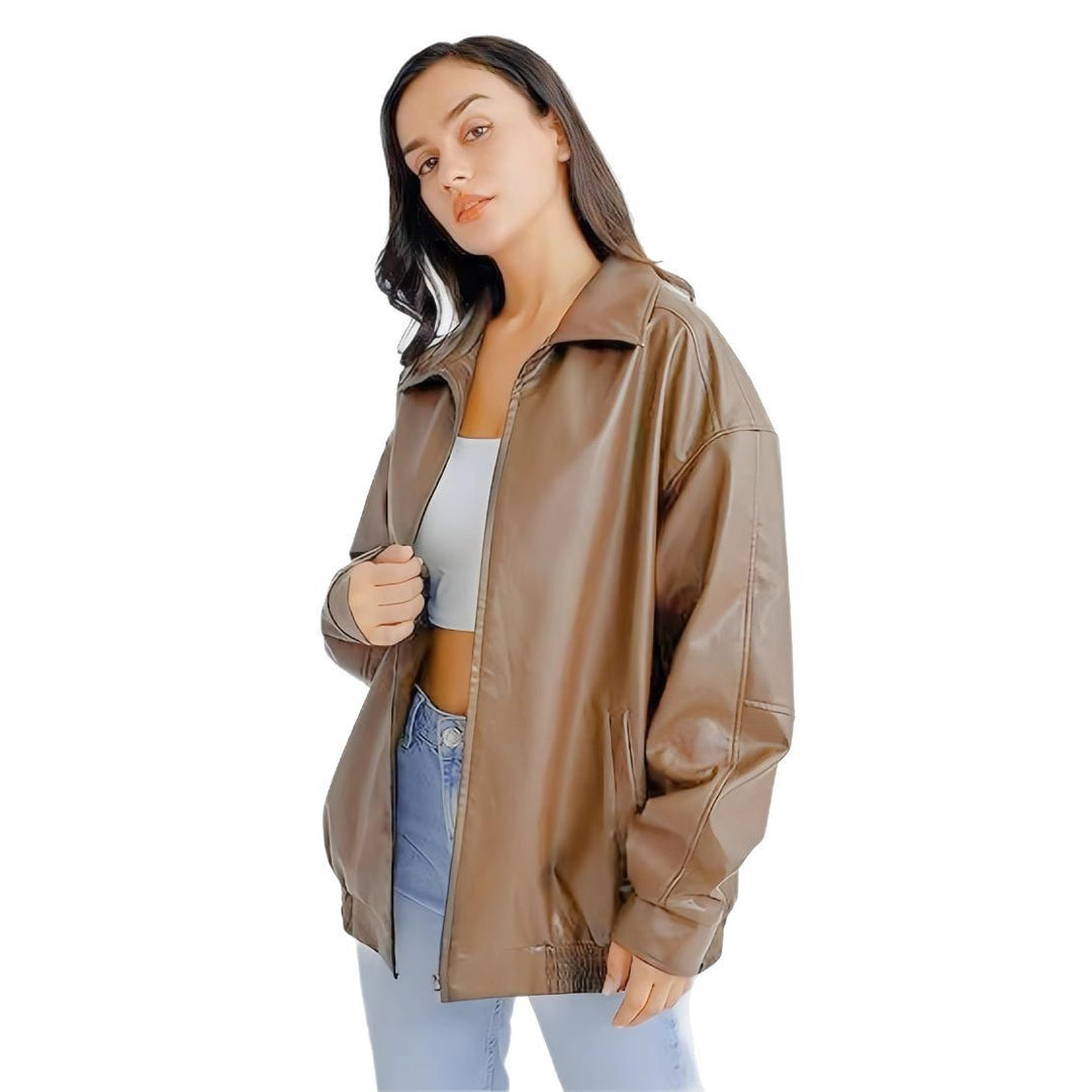 Damen modische und oversized Kunstlederjacke EB
