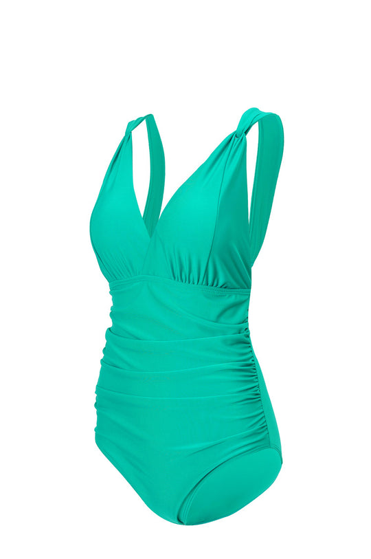 Damen Eleganter Einteiler Badeanzug mit Wickeloptik und Raffung EB
