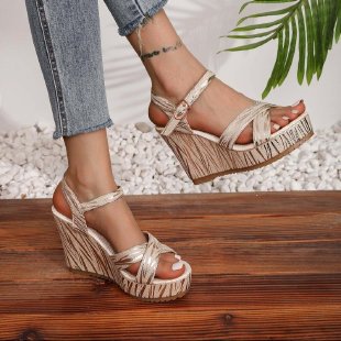 Damen Wedge-Sandalen mit modischem Streifenmuster und verstellbarem Riemen EB
