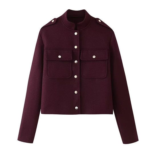 Damen kurze Militärjacke mit Taschen und dekorativen Knöpfen EB