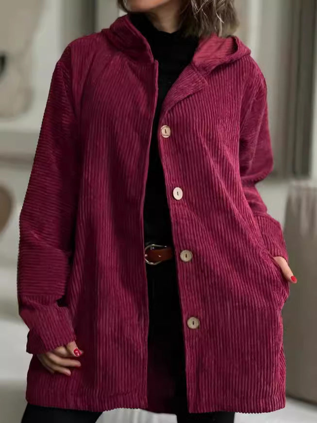 Damen Kapuzenjacke aus Rippstoff mit Holzknöpfen und Freizeit-Schnitt EB