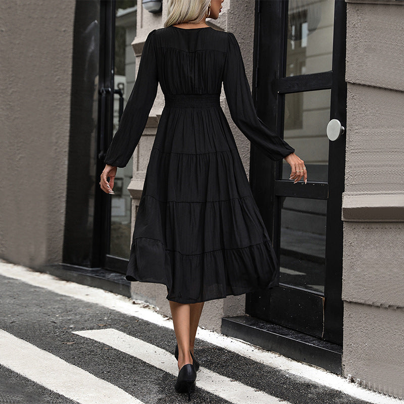Damen Midi-Kleid mit brillantem V-Ausschnitt und eleganter Knopfleiste EB