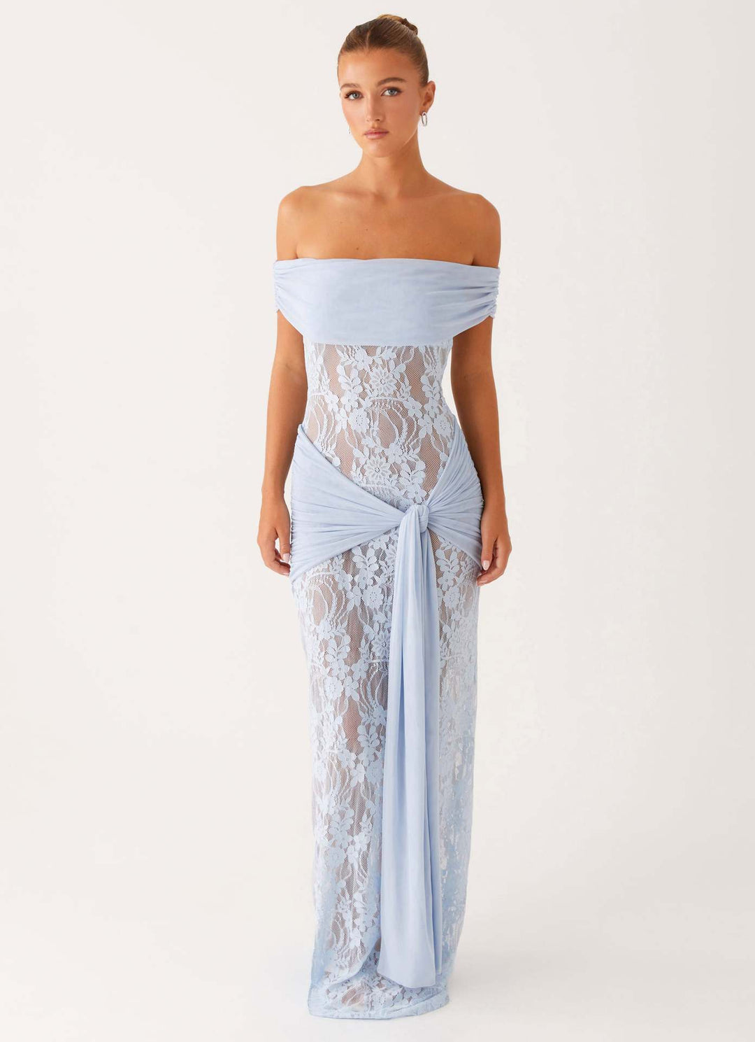 Damen Elegant drapiertes Spitzenkleid mit off-shoulder Design EB