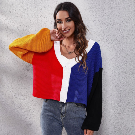 Damen Moderner Strickcardigan mit bunten Blockstreifen und V-Ausschnitt EB