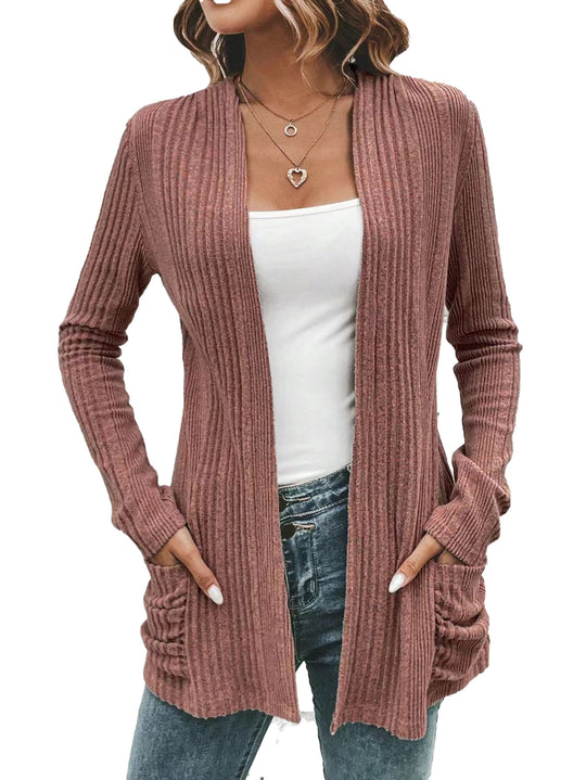 Damen modische Strickjacke mit offenen Front und praktischen Taschen EB