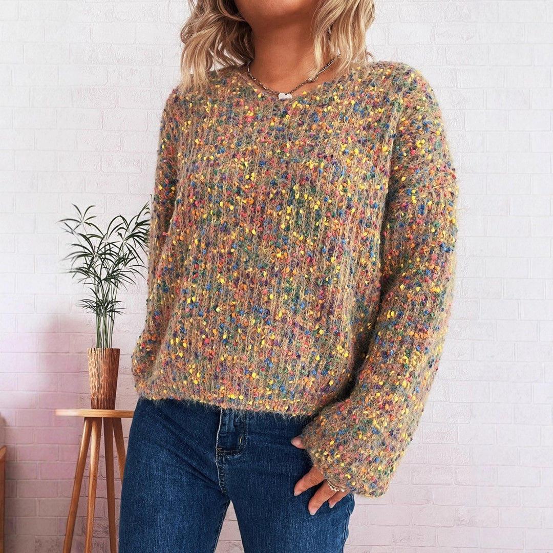 Damen komfortabler Strickpullover mit buntem Strukturmuster und weit geschnittenen Ärmeln EB