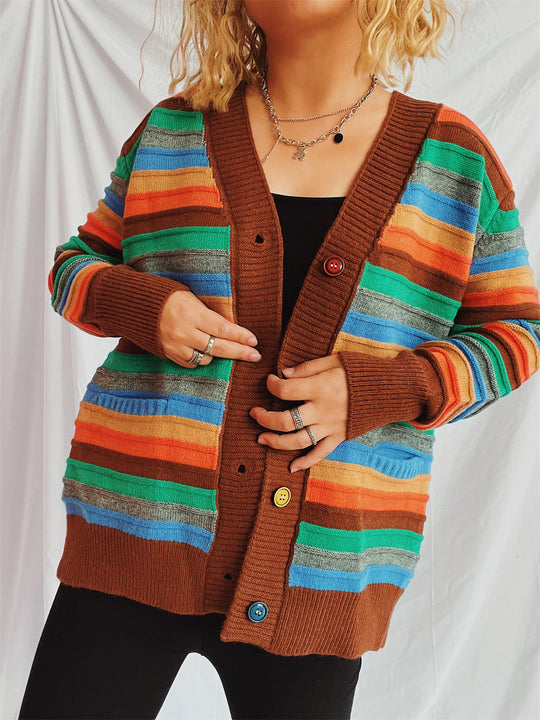 Damen Strickjacke mit buntem Streifenmuster und knöpfbarem Design EB