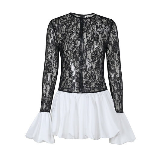 Damen Hochwertiges Spitzen-Kleid mit fließendem Rock EB