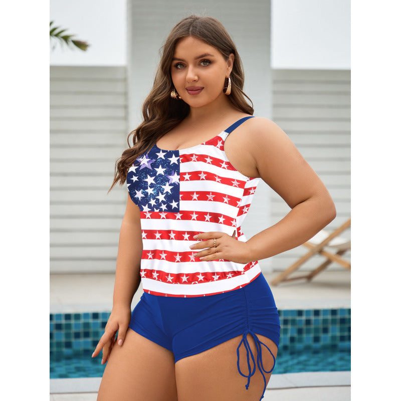 Damen Badeanzug-Set mit patriotischem Design und seitlichen Rüschendetails EB