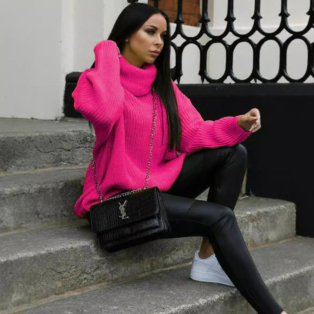 Damen Oversized Strickpullover mit hohem Kragen und modernem Schnitt EB
