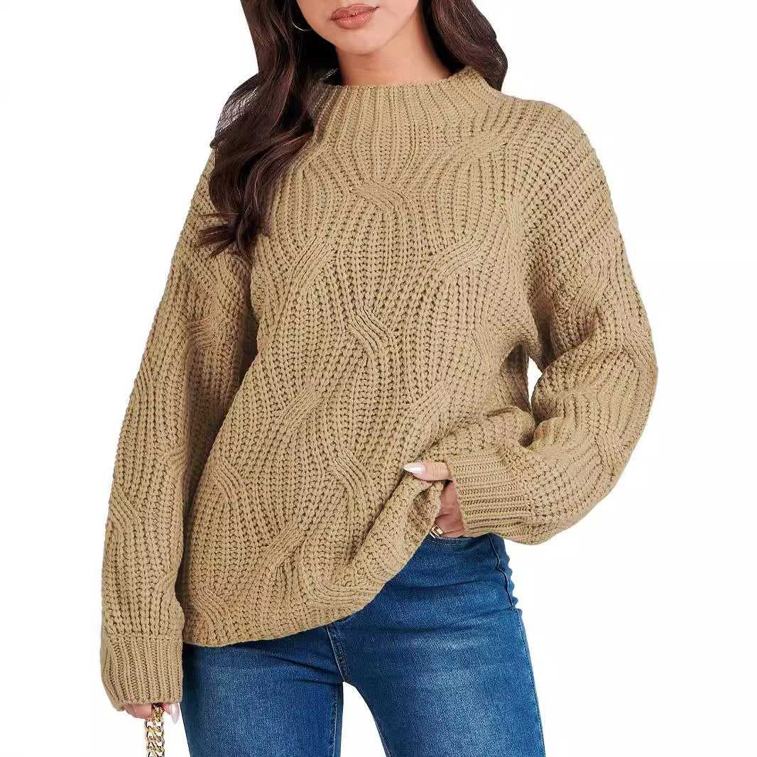 Damen Grobstrickpullover mit extravagantem Wellenmuster und hohem Kragen EB