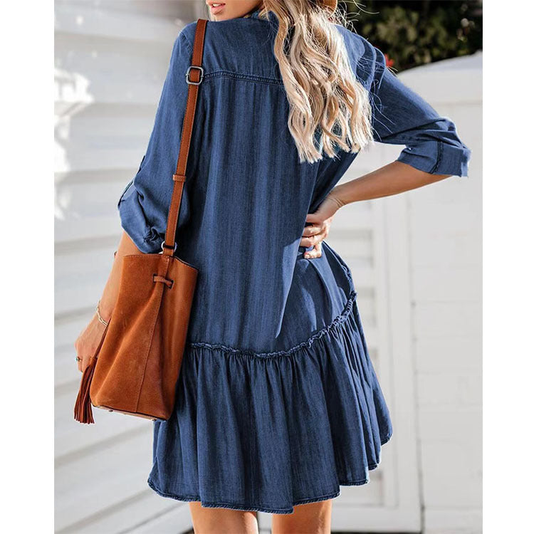 Damen nan locker fallendes Jeans-Hemdkleid mit Volantstufe und aufgesetzten Taschen EB