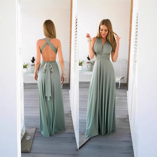 Damen elegantes Rundhals-Maxikleid mit variablen Trägeroptionen und fließendem Schnitt EB