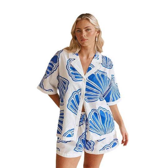 Damen Sommerliches Kurzarm-Set mit maritimem Muschel-Design und lockerer Passform EB
