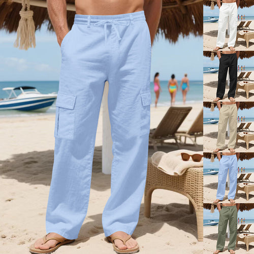 Herren nan lockere Cargo-Strandhose aus Leinenmix mit elastischem Bund und verstellbarem Kordelzug EB