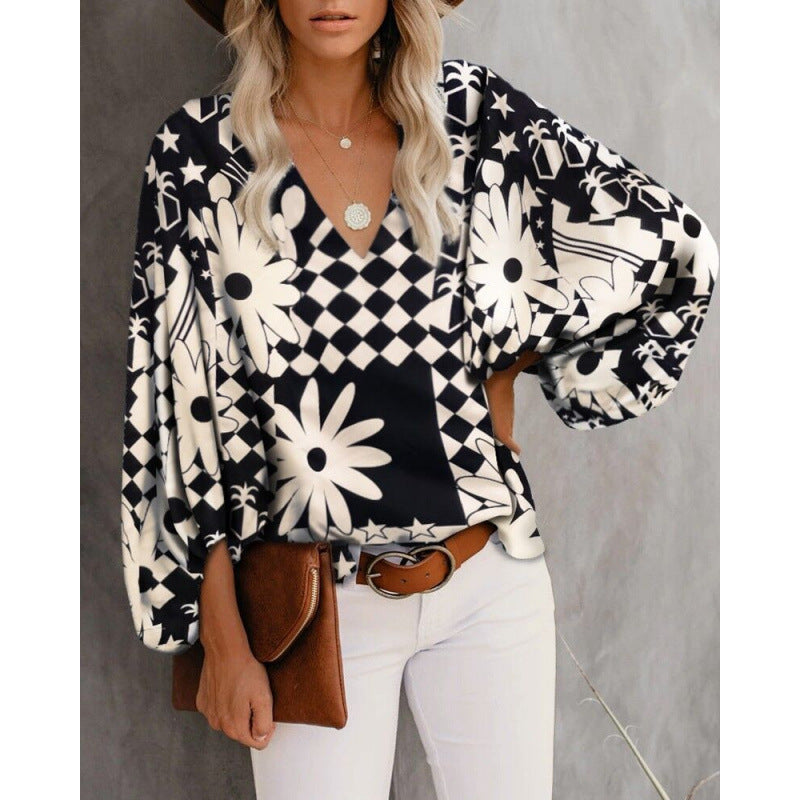 Damen Bluse mit weitem Puffärmel und eleganter V-Ausschnitt EB