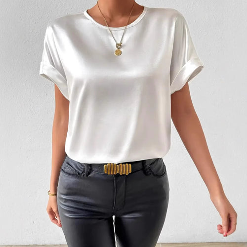 Damen Satin T-Shirt mit umgeschlagenen Ärmeln Heidi-Mode