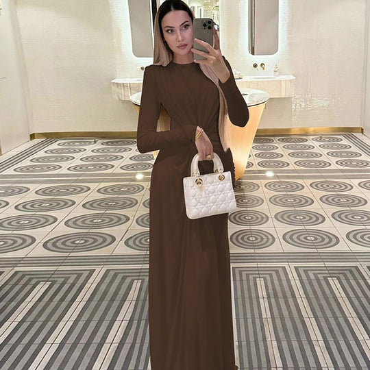 Damen Elegantes Longdress mit Raffung und hohem Kragen EB