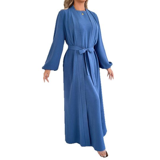 Damen Maxikleid in Kimono-Optik mit Bindegürtel und langen Ärmeln EB