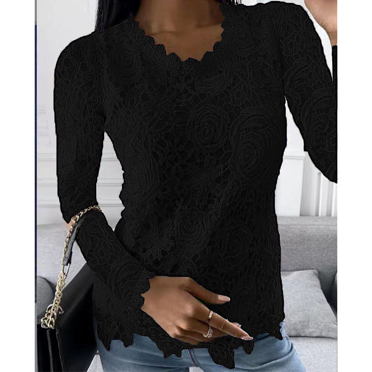 Damen nan Spitzenoberteil mit V-Ausschnitt, taillierter Silhouette und romantischem Wellensaum EB