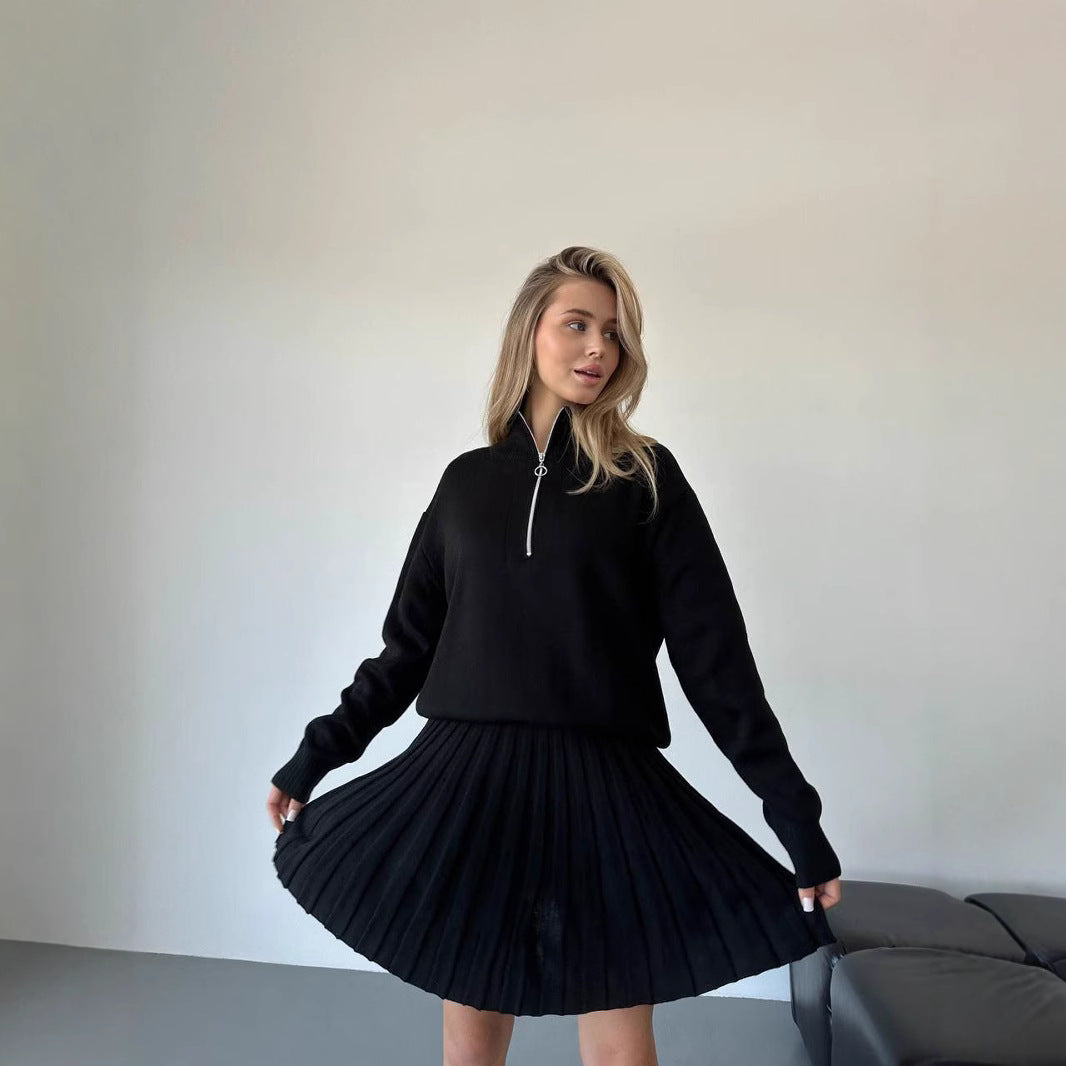 Damen gemütliches Strick-Set mit Reißverschluss-Pullover und plissiertem Rock EB