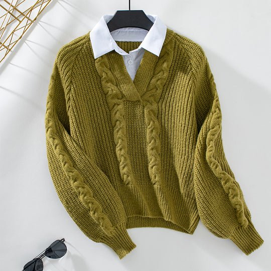 Damen Strickpullover mit Zopfdesign und modernem Kragen EB