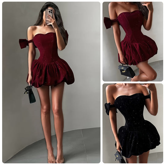 Damen Glitzerndes Cocktailkleid mit schulterfreiem Design und voluminösem Rock EB