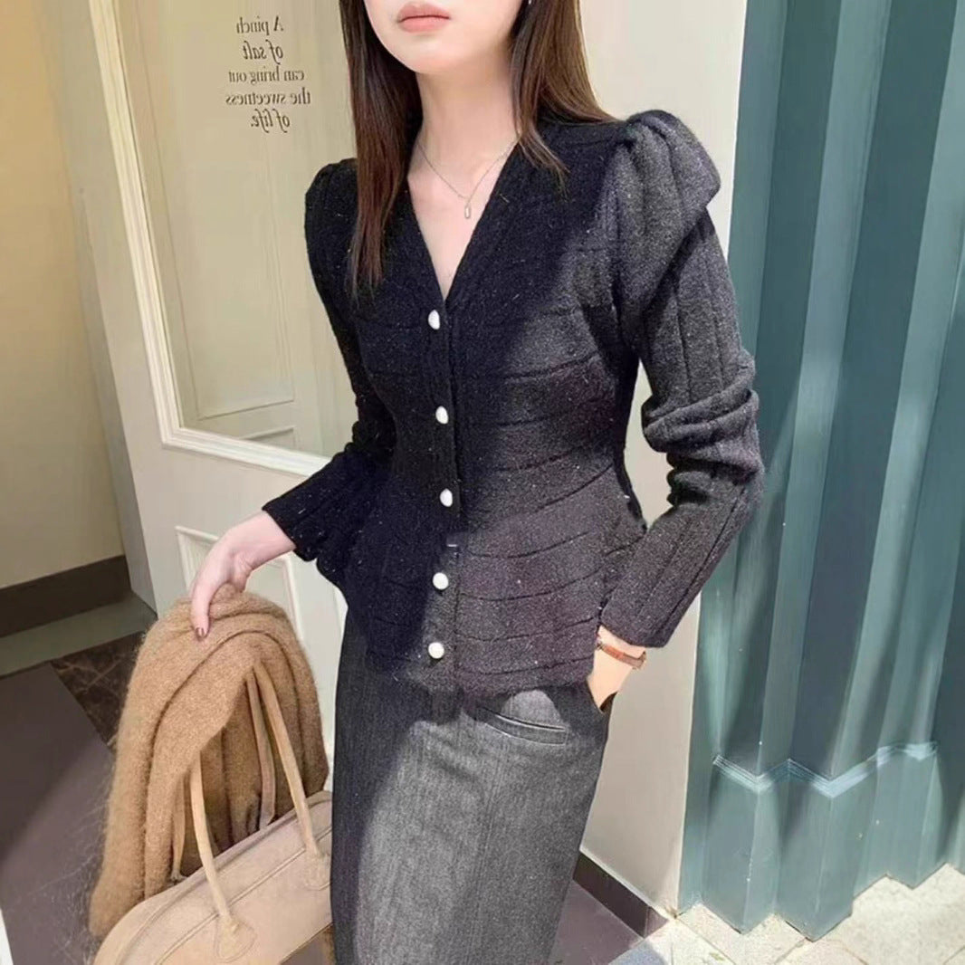 Damen elegante Strickjacke mit strukturiertem Design und femininen Puffärmeln EB