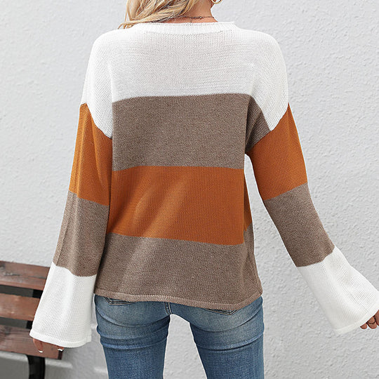 Damen lässiges Strickoberteil mit modischem Blockstreifen-Winterdesign EB