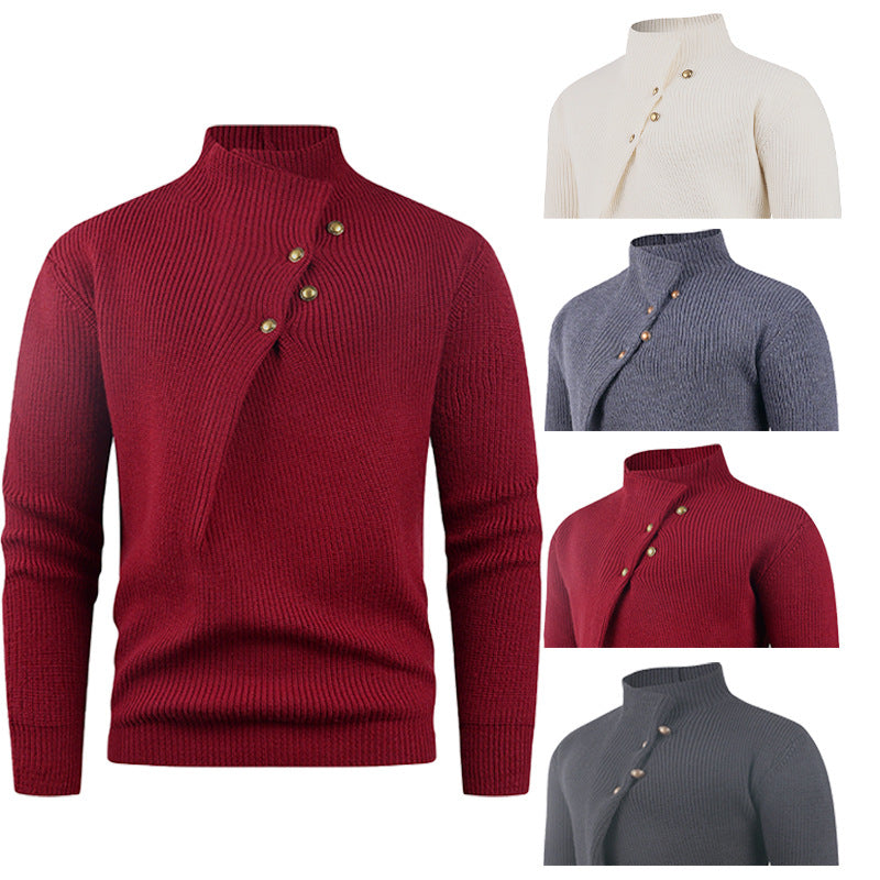 Herren Strickpullover mit asymmetrischem Kragen und dekorativen Holzknöpfen EB