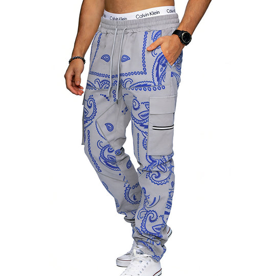 Herren nan Cargo-Jogginghose mit Paisley-Muster, elastischem Bund, multiple Reißverschluss- und Klappentaschen EB