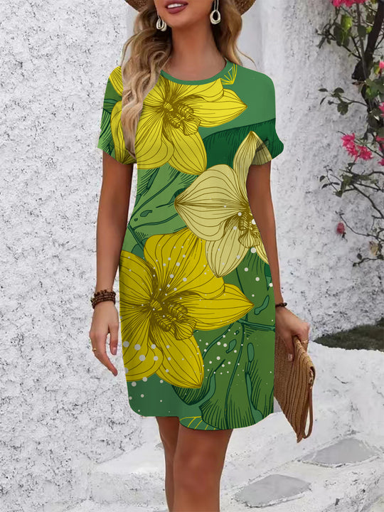 Damen Kurzarmkleid mit floralem Muster und lockerer Passform EB