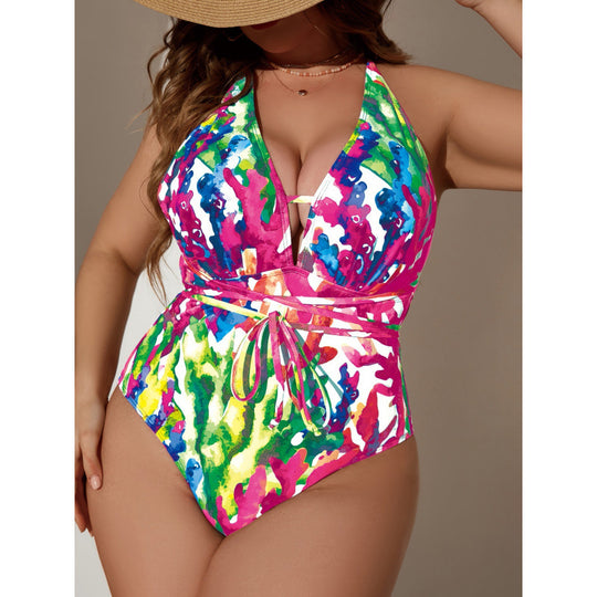Damen Einteiler Badeanzug mit floralem Wickeldesign und verstellbarem Bindeband EB