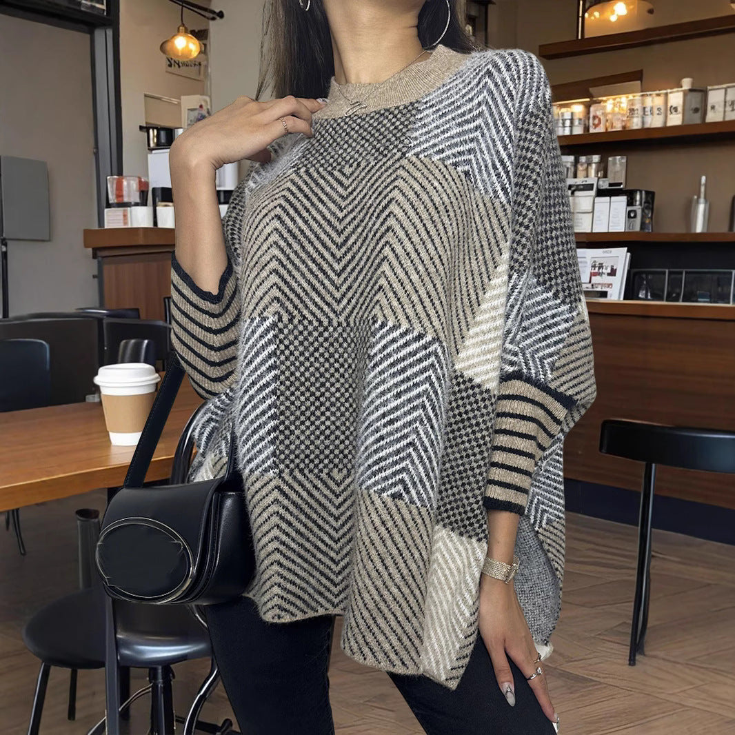 Damen asymmetrischer Strickpullover mit Zickzackmuster EB