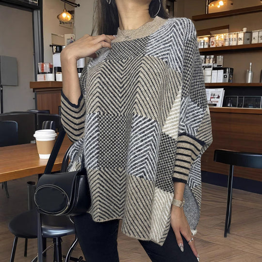 Damen asymmetrischer Strickpullover mit Zickzackmuster EB