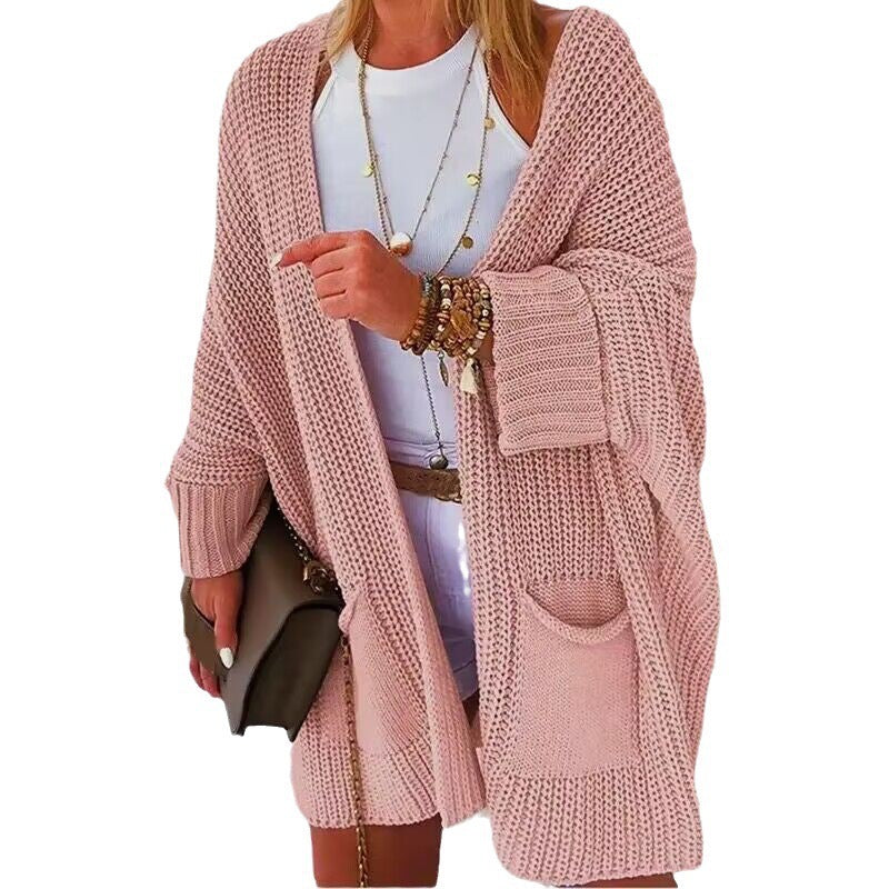 Damen Oversize Grobstrick-Cardigan mit weitem Schalkragen und aufgesetzten Taschen EB