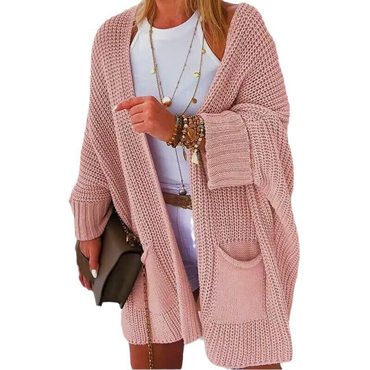 Damen Oversize Grobstrick-Cardigan mit weitem Schalkragen und aufgesetzten Taschen EB