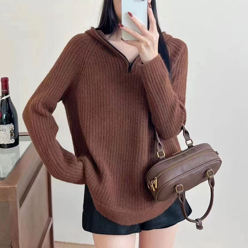 Damen lässiger Strickpullover mit hochgezogenem Kragen und Reißverschluss EB