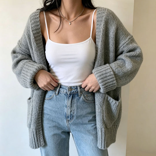 Damen Langer Offener Grobstrick-Cardigan mit aufgesetzten Taschen und gerippten Bündchen EB