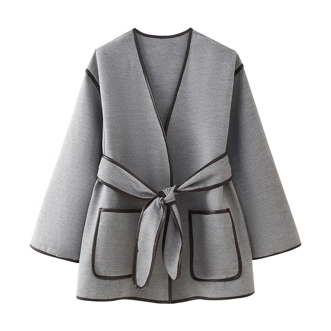 Damen Wickeljacke im modernen Design mit praktischen Taschen und Bindegürtel EB