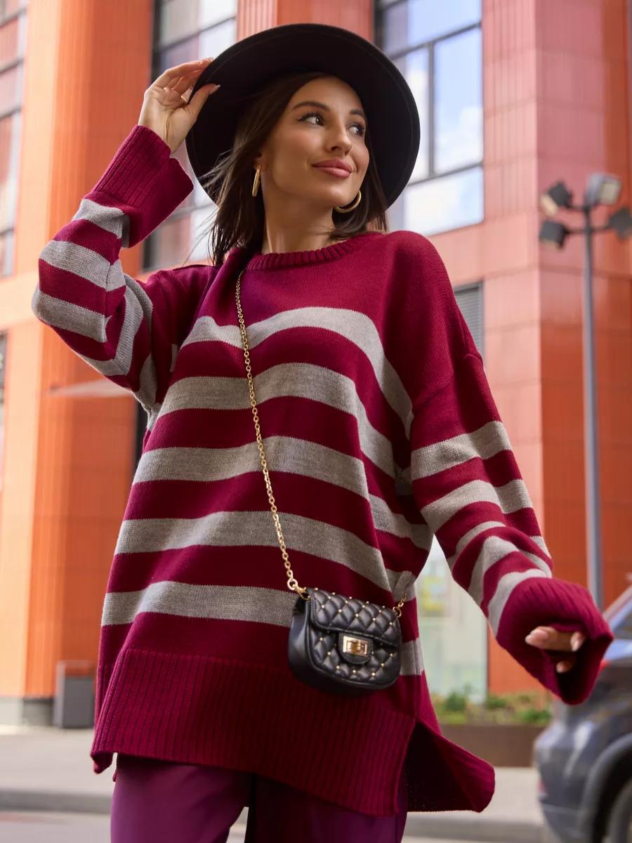 Damen Oversized Strickpullover mit modischem Streifenmuster und detailreicher Rippstruktur EB