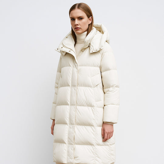 Damen Lange Daunenjacke mit verstellbarer Kapuze und luxuriösem Innenfutter EB