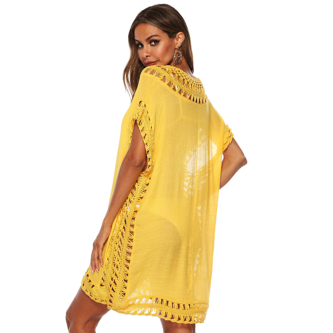 Damen Häkel-Strandüberwurf mit elegantem V-Ausschnitt und fransigen Details EB