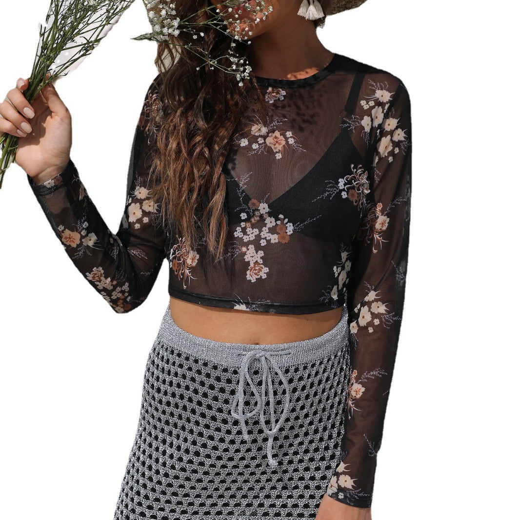 Damen eleganter leichter Mesh-Top mit floralem Muster EB
