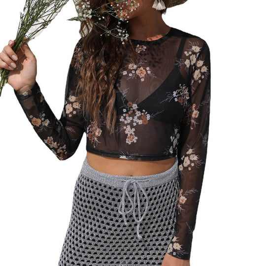 Damen eleganter leichter Mesh-Top mit floralem Muster EB