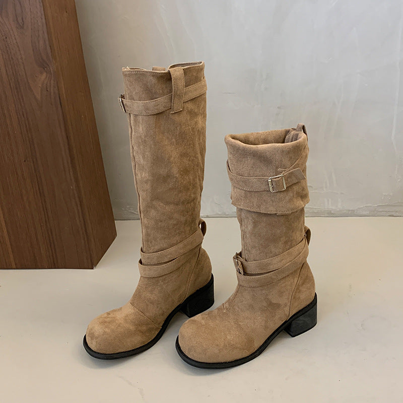 Damen hohe Stiefel mit modischen Schnallen und bequemem Blockabsatz EB