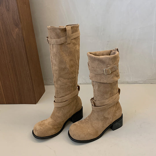 Damen hohe Stiefel mit modischen Schnallen und bequemem Blockabsatz EB