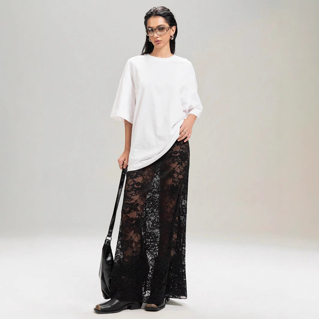 Damen Maxirock aus eleganter Spitze mit hohem Schlitz und voluminösem Schnitt EB